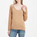 Deep V neck women regular fit knit top long sleeve  rayon material soft blouse with lace trim Dip Dyed women soft T-shirt